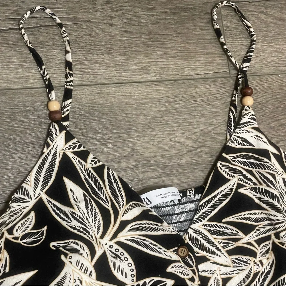 Zara Black Tropical Floral Black Lotus Vibes Sleeveless Jumpsuit Linen Sz M